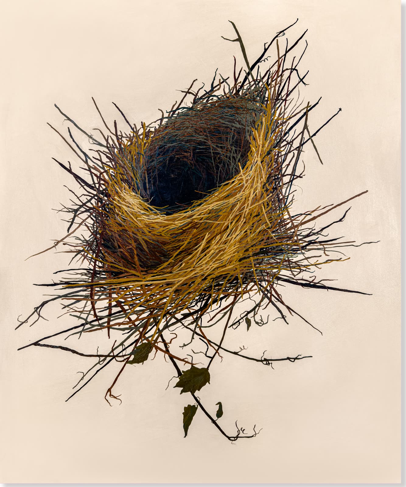A bird’s nest of dry golden straw painted in close detail on a pale ground.