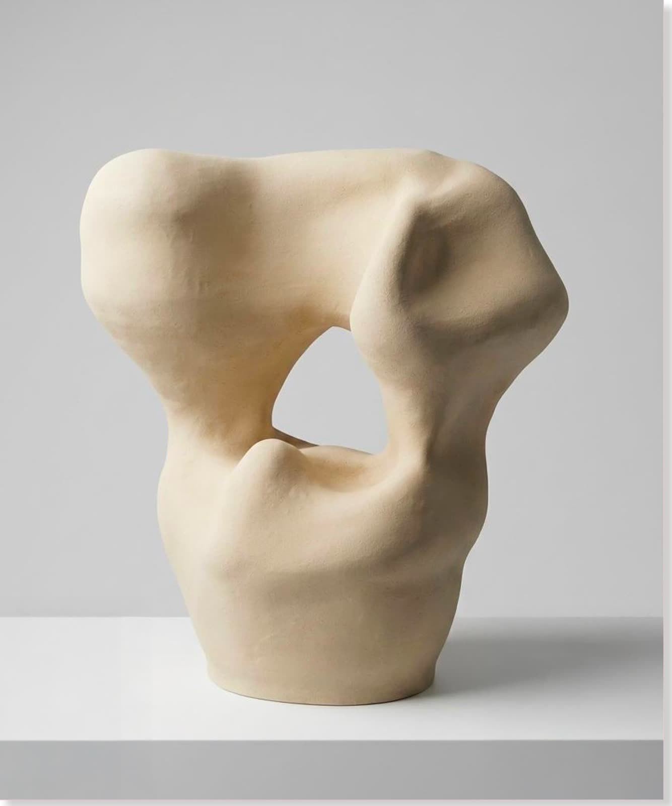 A pale, hand-built stoneware sculpture with soft biomorphic curves and an open void at its centre.