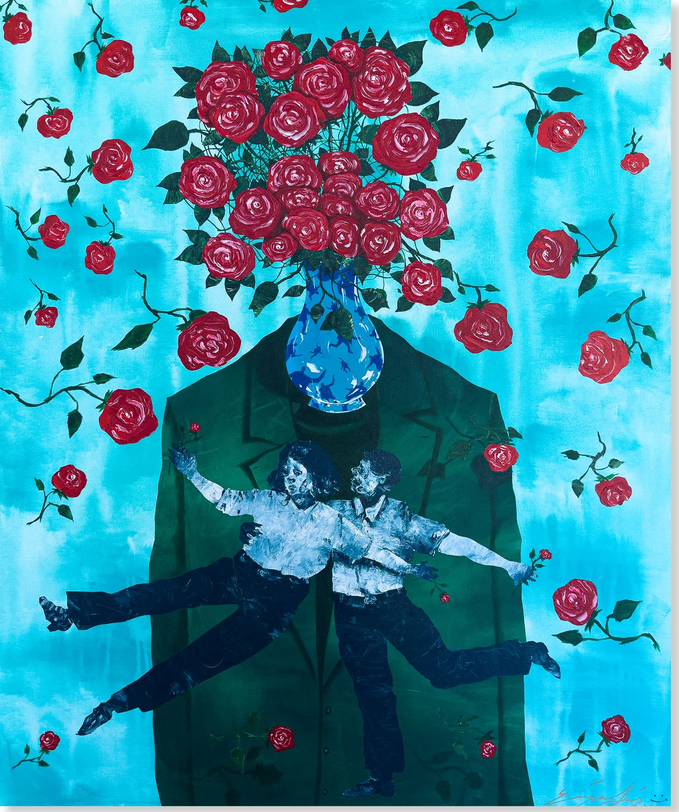 Red roses bursting from a blue patterned vase above two figures in black and white who leap across a turquoise ground.